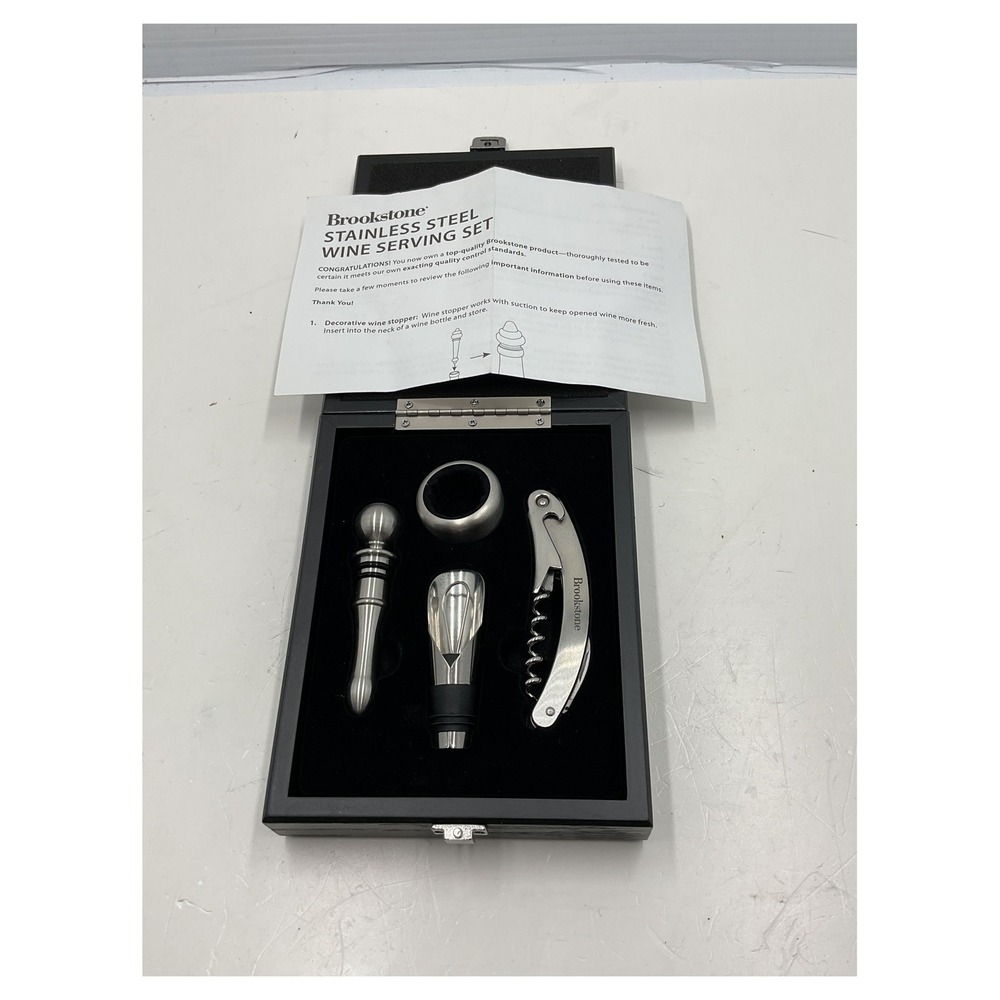 Brookstone 4-Piece Stainless Steel Wine Serving Set Black Wood Case Gift Set NEW